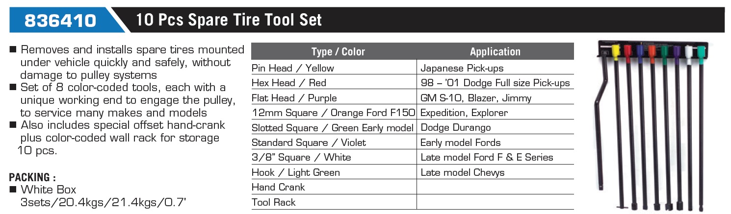 836410 10 Pcs Spare Tire Tool Set